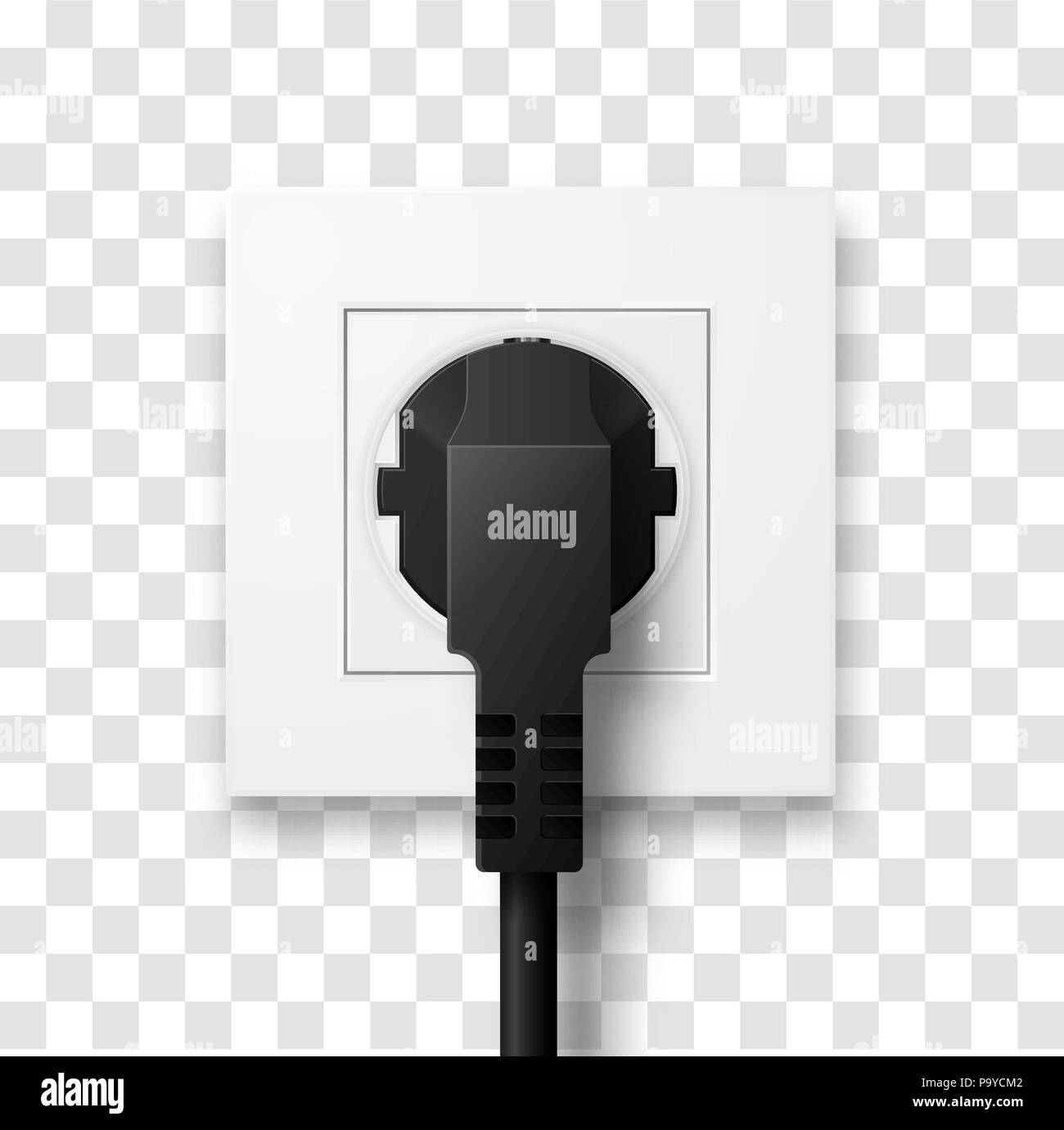 Realistic plug inserted in electrical outlet isolated. Socket with plug