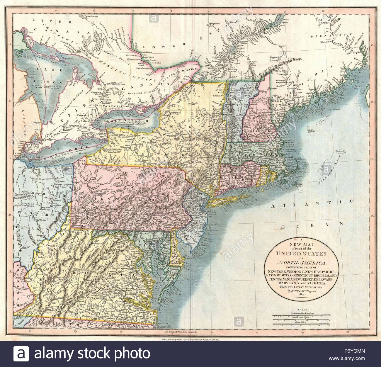 1821, Cary Map of New England, New York, Pennsylvania and Virginia, John Cary, 1754 – 1835, English cartographer.