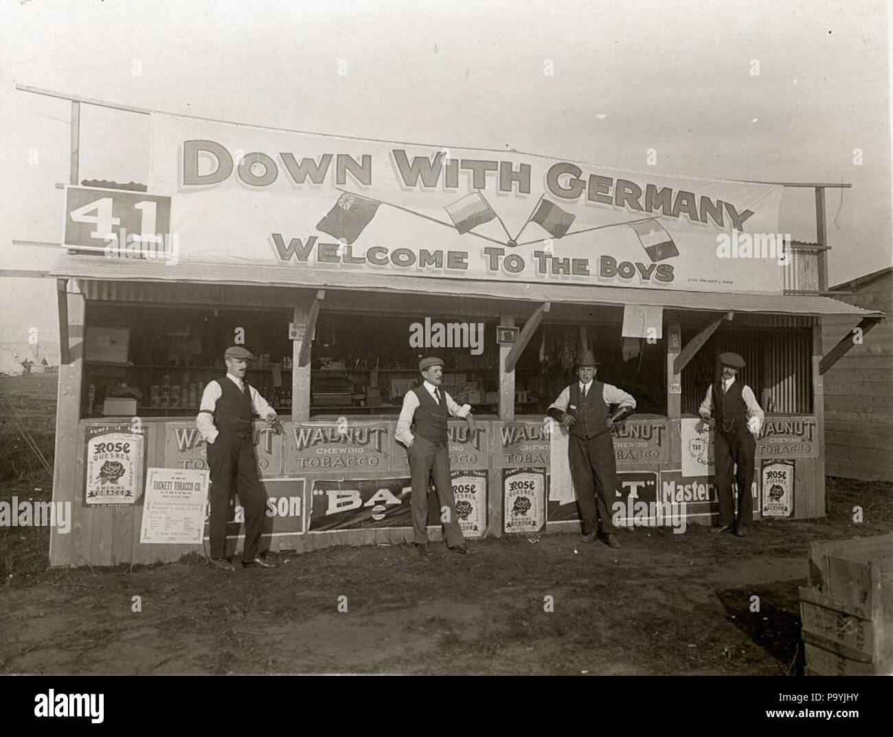 tobacco concession English: Concession stand no. 41 at the Valcartier military base near  Quebec City, with a 'Down with Germany