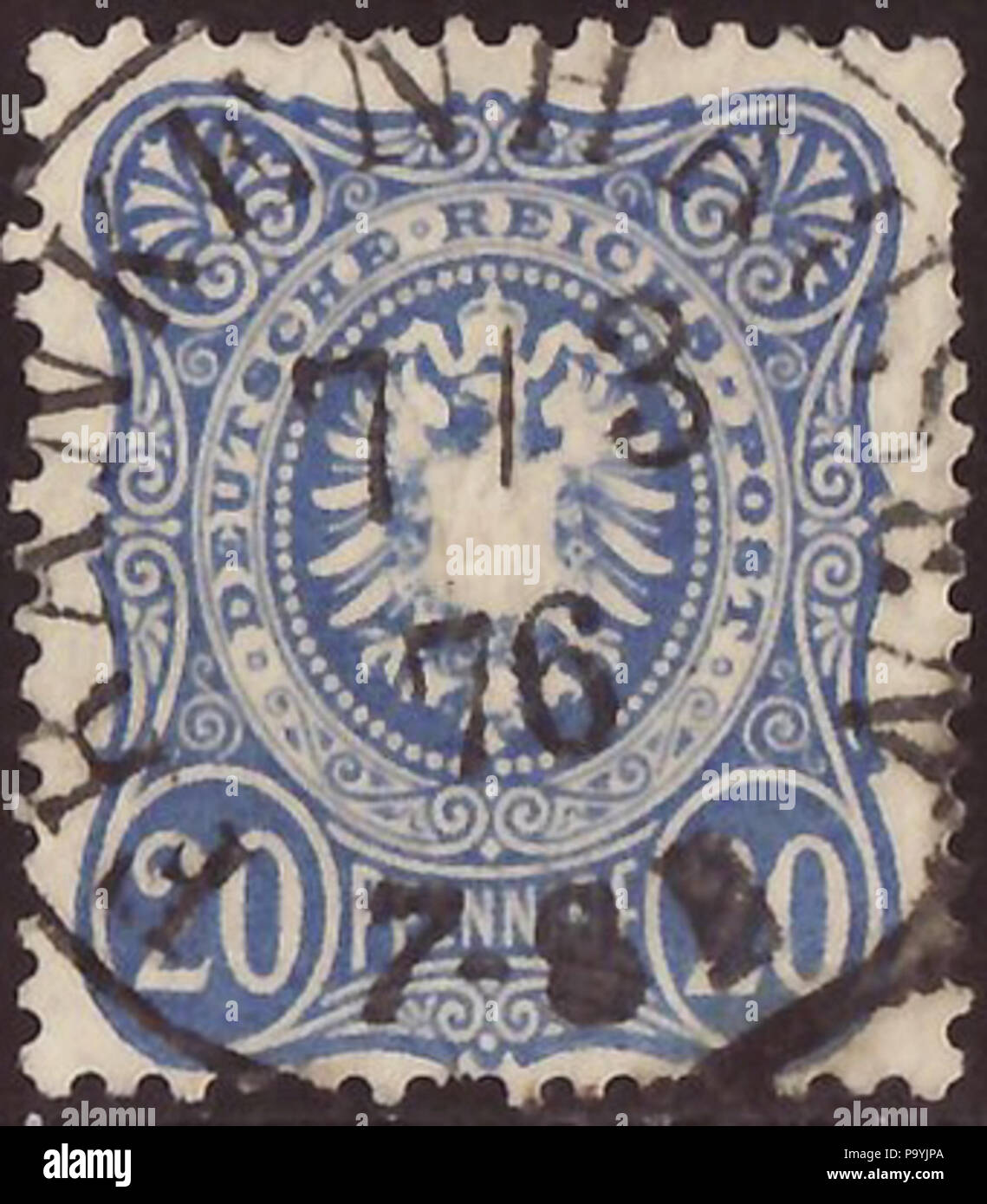 . Stamp of the German Empire; 1875; definitive stamp of the issue of 1875 after introduction of the new Mark-currency; currency inscription 'PFENNIGE' (with '...E'); postmarked in Frankenhausen (Thuringia, contemporary: Bad Frankenhausen), 1876 Stamp: Michel: No. 34; Yvert & Tellier: No. 33 (DR); Scott: No. 32 (DE) Color: ultramarine to blue Watermark: none Nominal value: 20 Pfennige Postal validity: from 1 January 1875 until 31 January 1891 Postmark: Frankenhausen (Thuringia, contemporary 'Bad Frankenhausen'), 7 March 1876 (single-circle postmark with 26 mm outer circle) . 1 January 1975 (fir Stock Photo