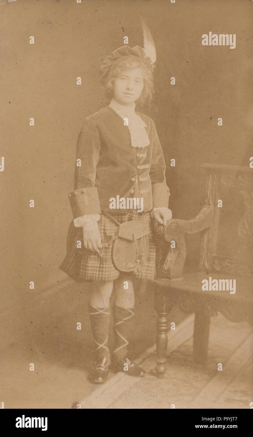 Vintage Photograph of a Child Dressed in Scottish Highland Dress Stock Photo