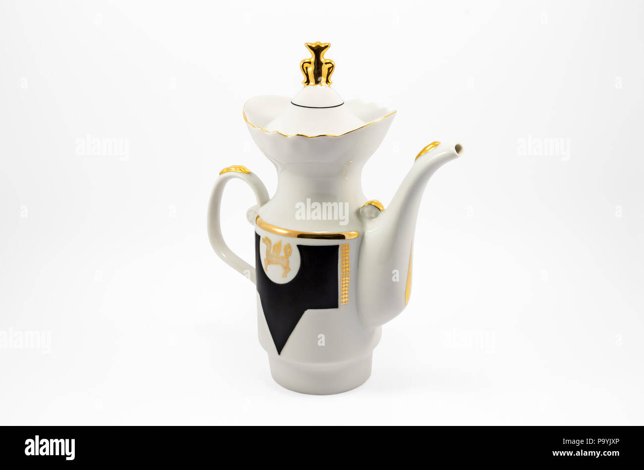 Old-fashioned porcelain coffee pot isolated on white background Stock Photo