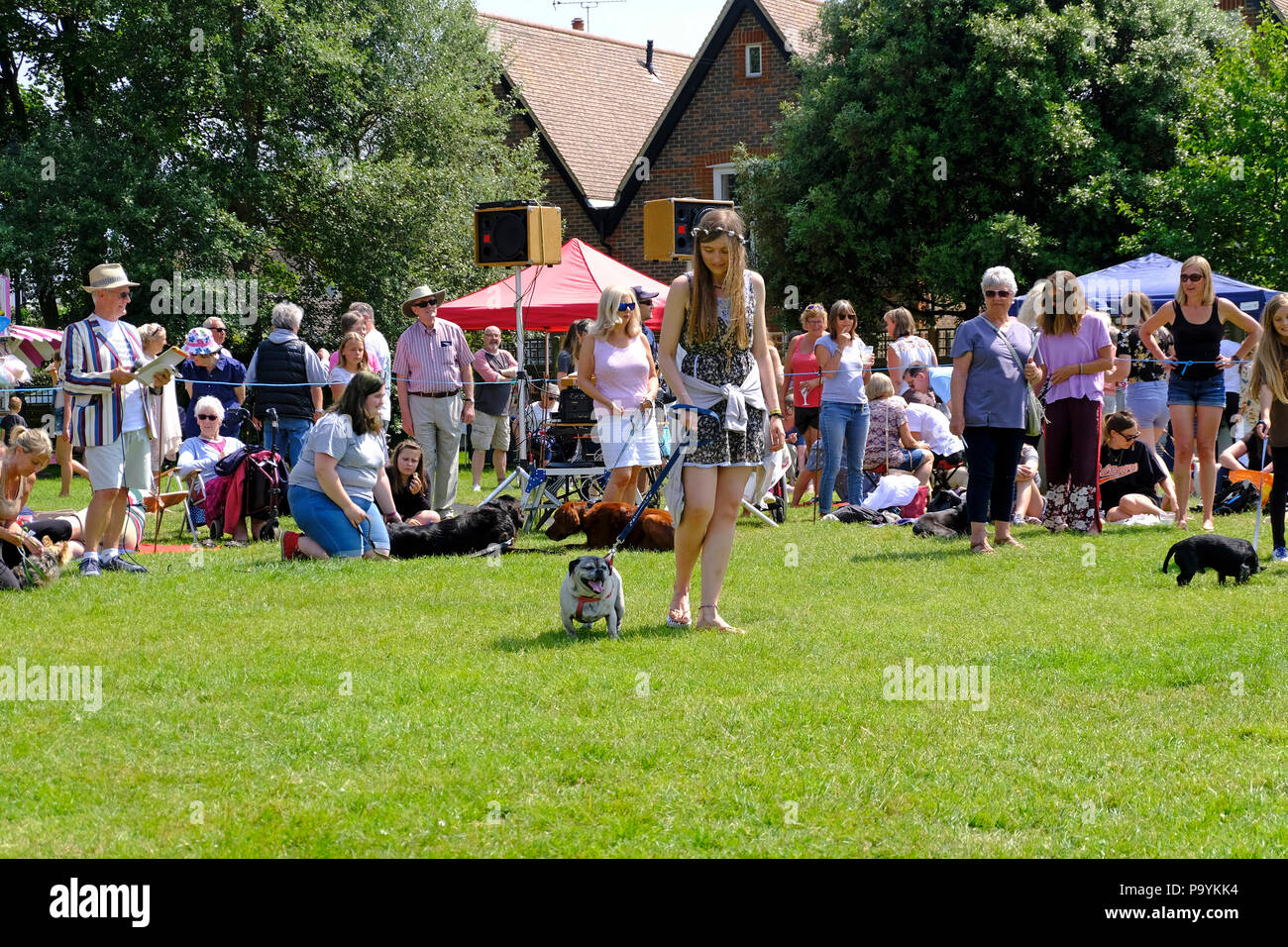 East Preston, West Sussex, UK. Fun dog show held on village green - teenage girl showing her pet dog Stock Photo