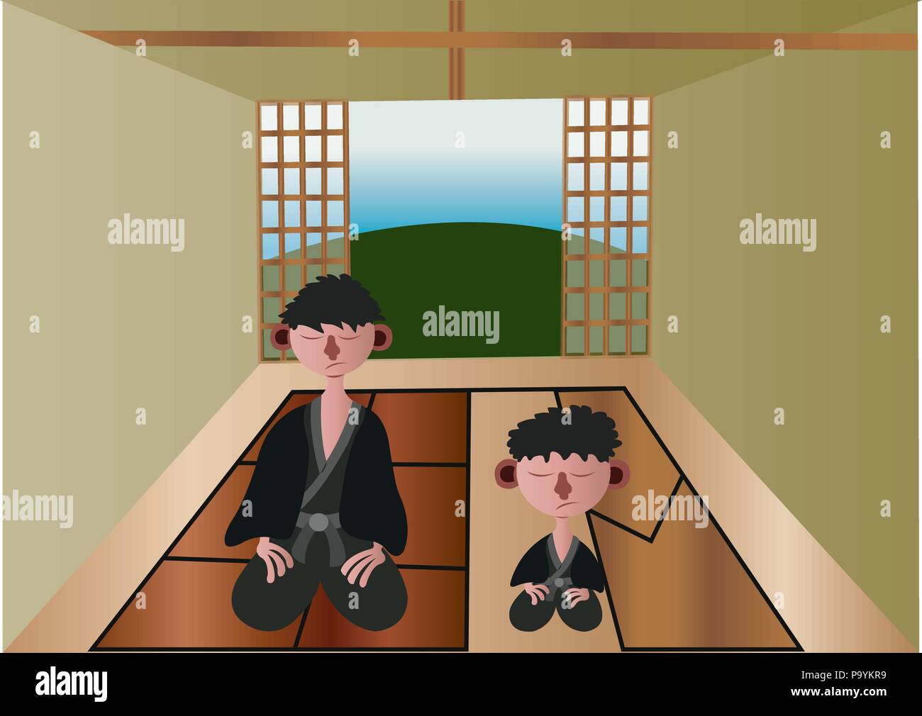 Japanese meditators relax in their house, Stock Vector