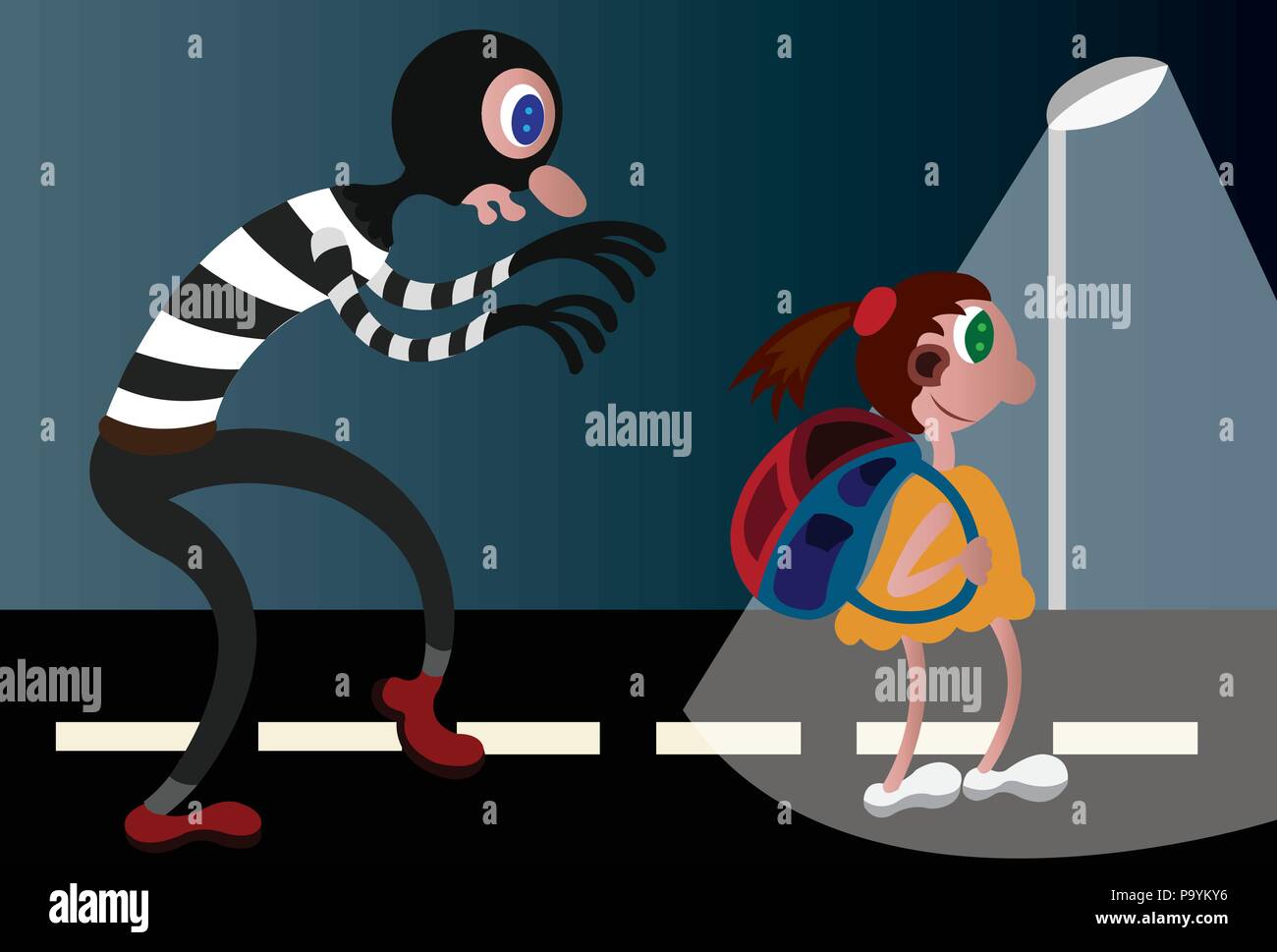 A stalker and potential kidnapper creeping behind a little school girl Stock Vector