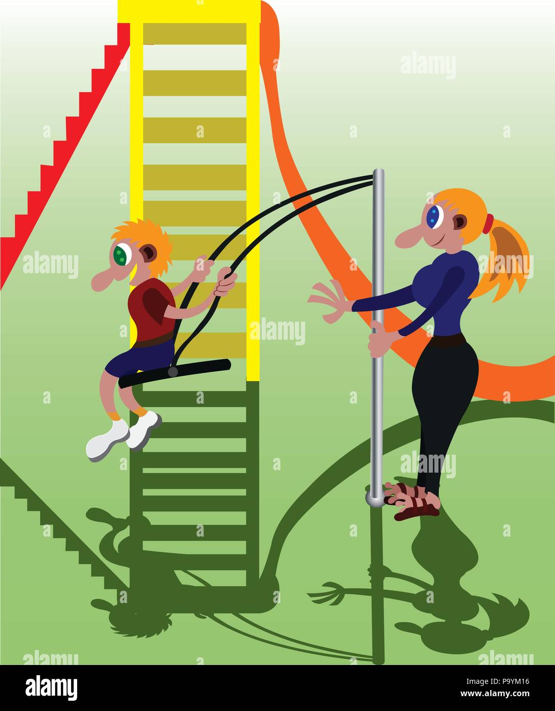 a kid playing the swing with its mama in the playground Stock Vector