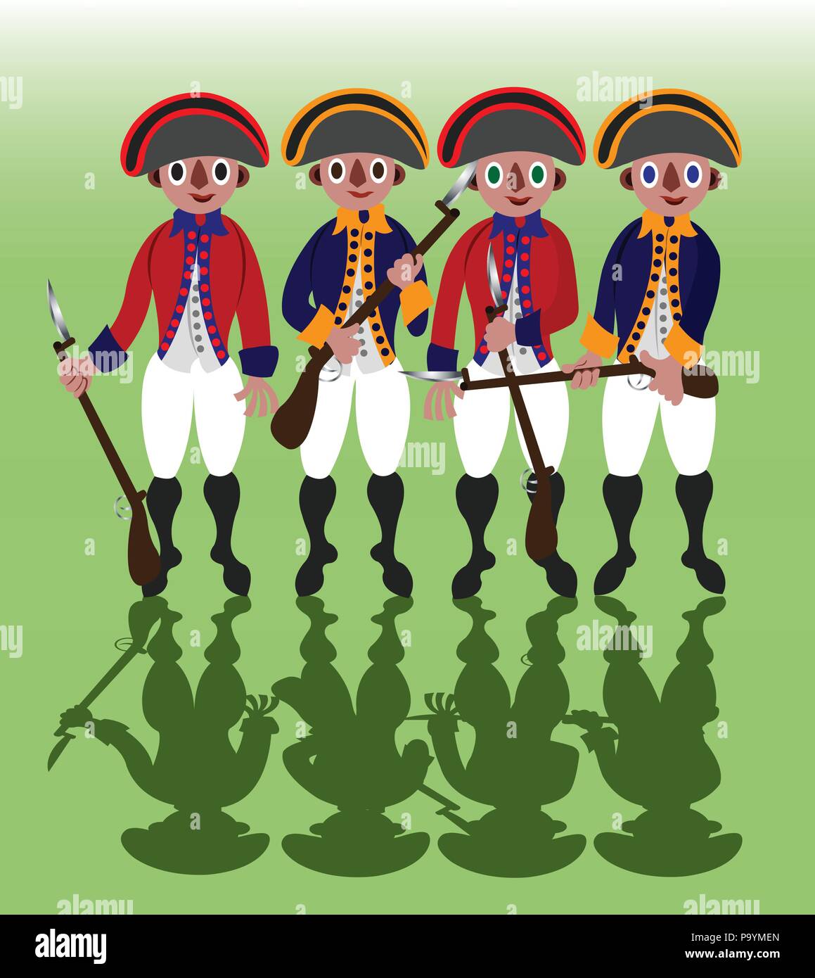 Revolutionary War Soldiers stand in a line Stock Vector