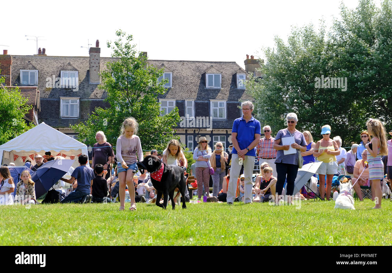 East Preston, West Sussex, UK. Fun dog show held on village green - young girl showing her pet black dog. Her dog wears a red neck kerchief Stock Photo