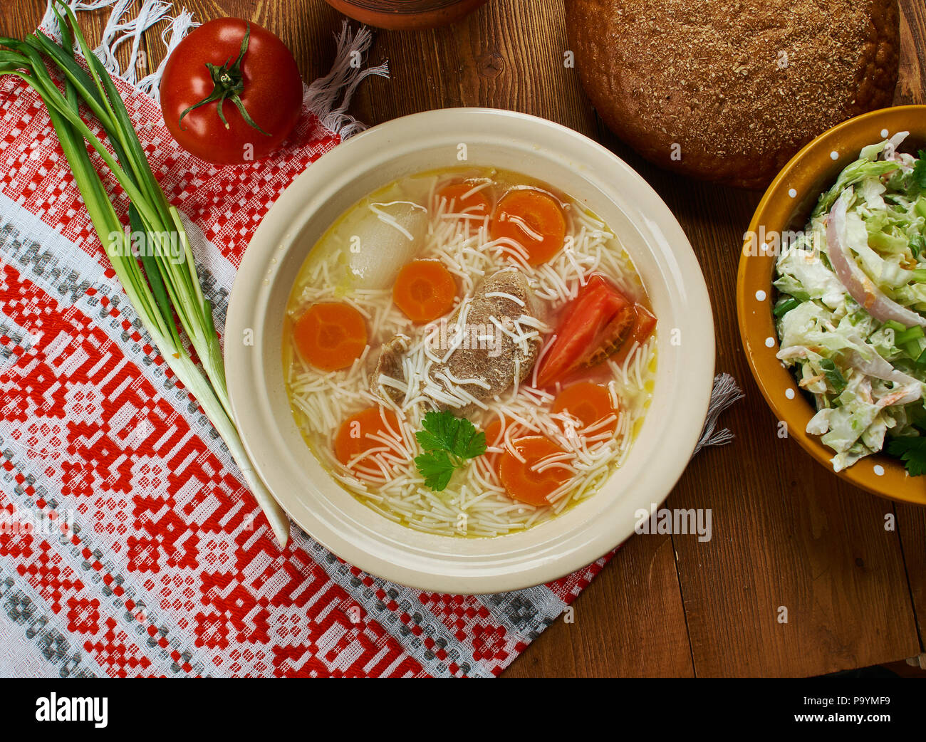 Polish Rosol , Noodle Soup, Traditional assorted Poland dishes, Top
