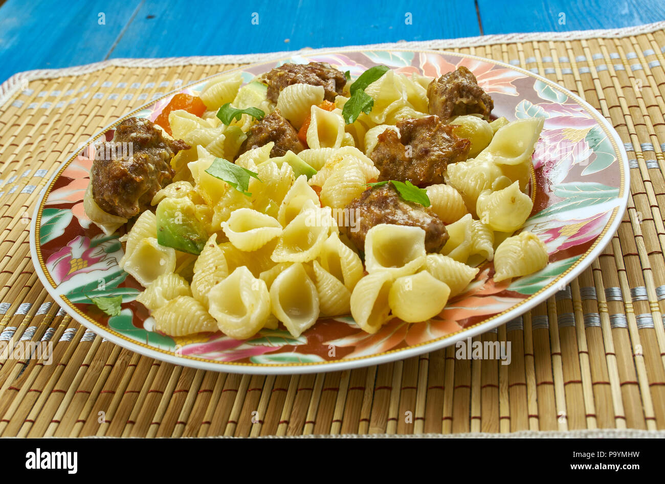 Orecchiette with Mini Chicken Meatballs,  close up Stock Photo