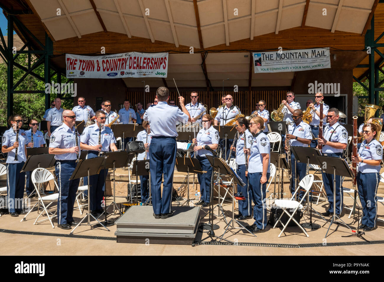United States Air Force Brass Band plays a Fourth of July Concert in the Riverside Park band stand, Salida, Colorado, USA Stock Photo