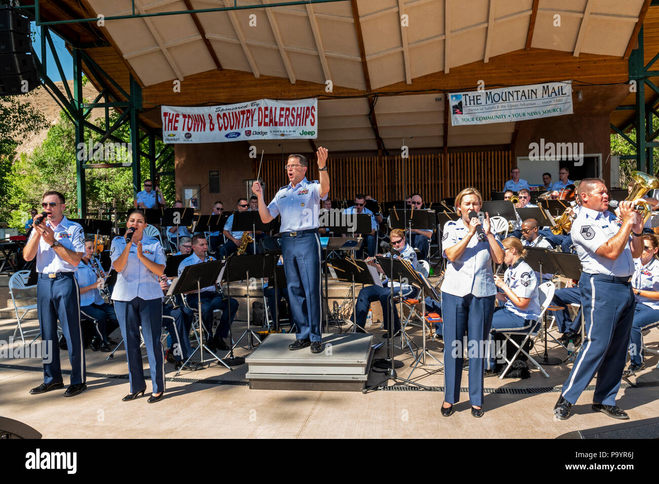 United States Air Force Brass Band plays a Fourth of July Concert in the Riverside Park band stand, Salida, Colorado, USA Stock Photo