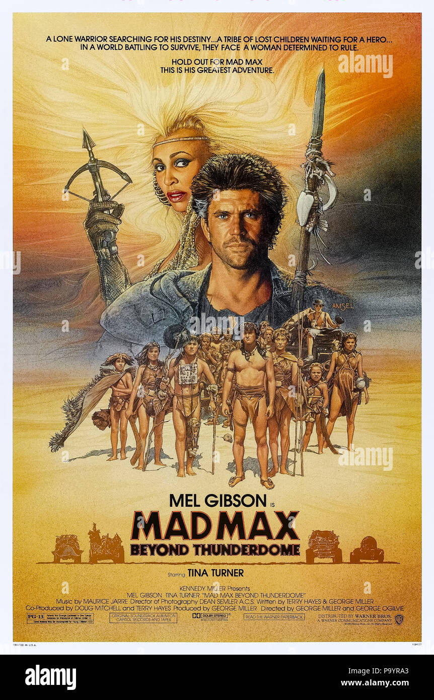 Mad Max Beyond Thunderdome (1985) directed by George Miller and George Ogilvie and starring Mel Gibson, Tina Turner, Bruce Spence and Angelo Rossitto. Mad Max returns to face Aunty Entity and her Bartertown in post apocalyptic Australia. Stock Photo