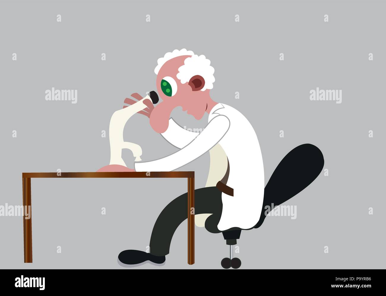 a biologist looks into a specimen using a light microscope Stock Vector