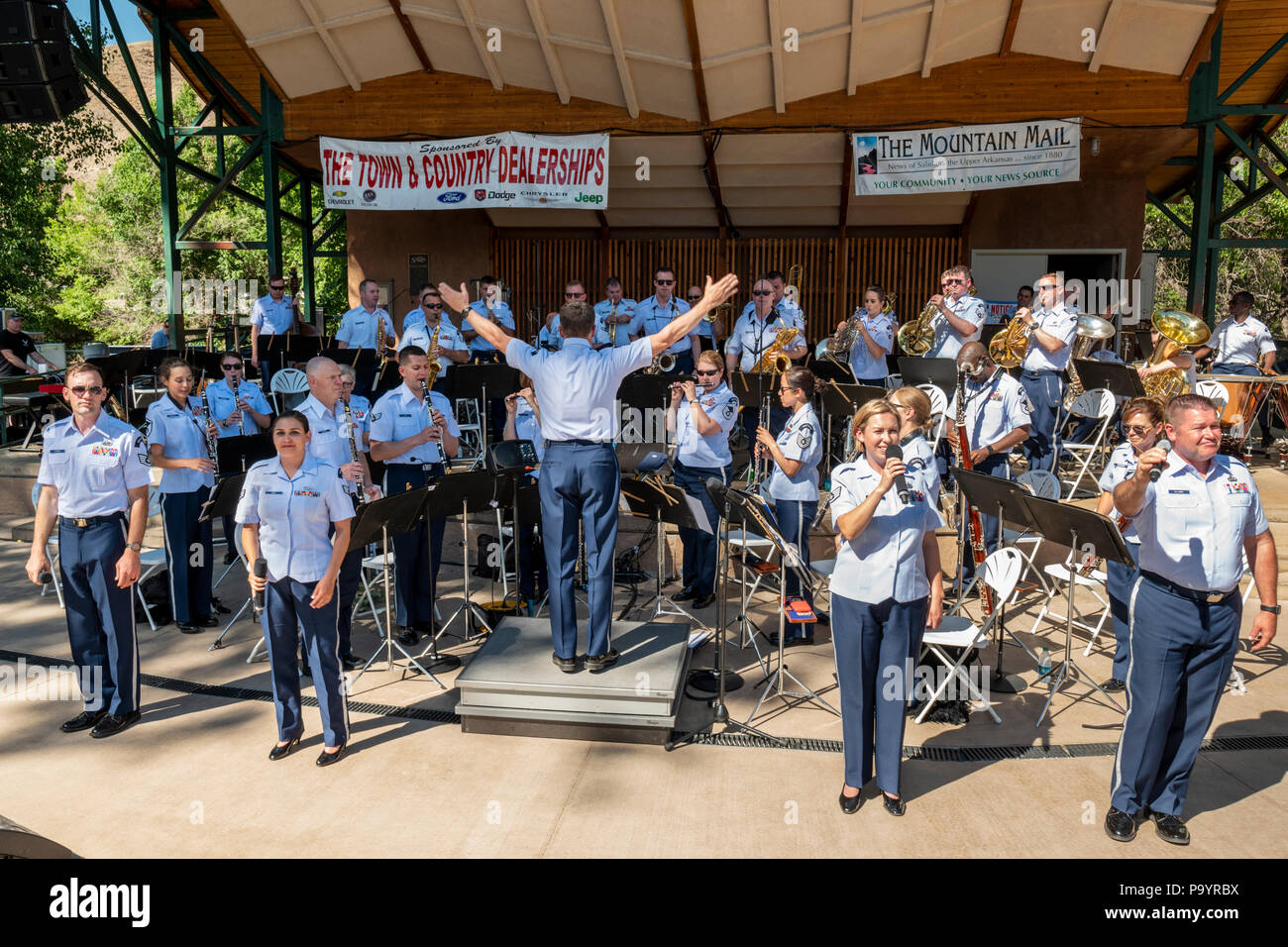 United States Air Force Brass Band plays a Fourth of July Concert in the Riverside Park band stand, Salida, Colorado, USA Stock Photo