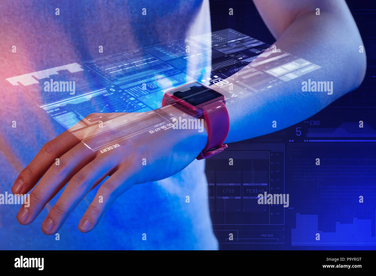 Close up of a wrist with a smart watch and a futuristic projection Stock  Photo - Alamy