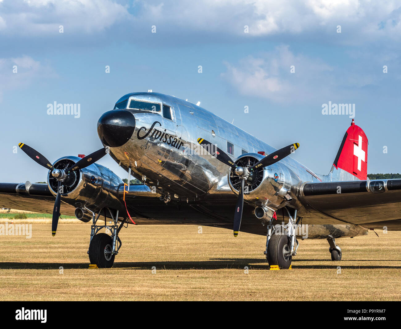 Swissair Douglas DC-3 DC3 - Historic DC3 in Swissair 1940s colours, operated by Ju-Air Stock Photo