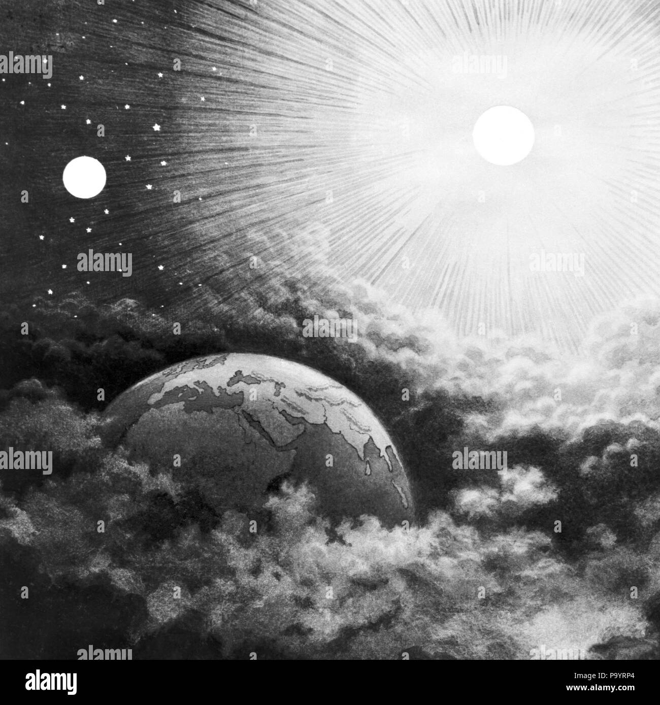 GOD CREATES SUN MOON AND STARS ILLUSTRATION BY BRIGGS & BEALE   - a6177 SPL001 HARS SUN RAYS Stock Photo