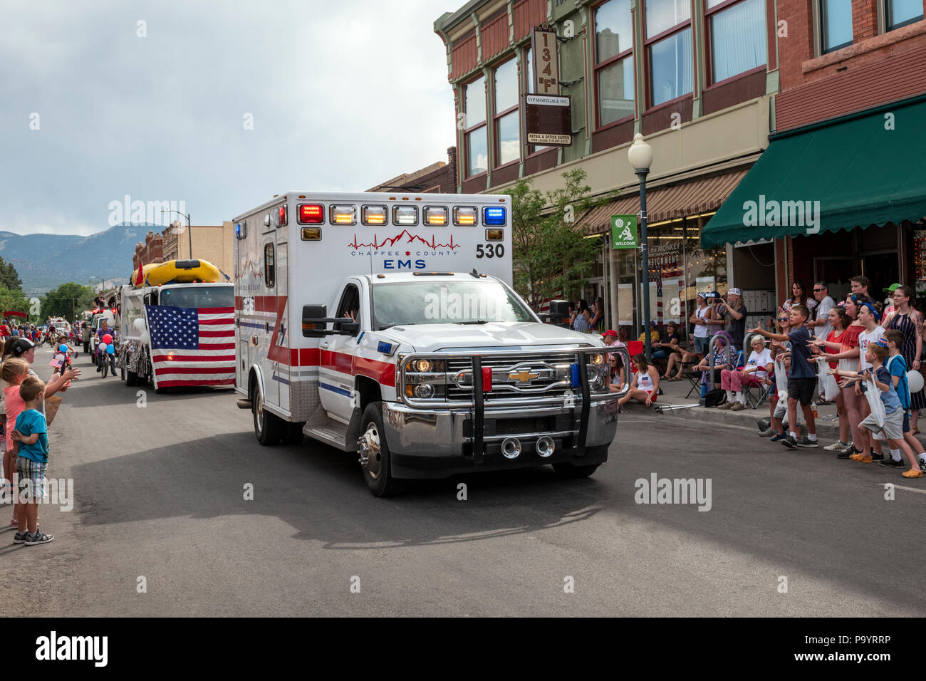Emergency Medical Services ambulance; annual Fourth of July Parade in the small Colorado mountain town of Salida. Stock Photo