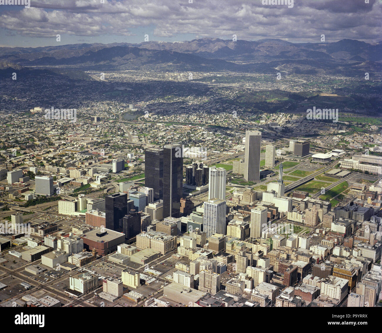 1970s AERIAL VIEW DOWNTOWN SKYLINE LOS ANGELES CALIFORNIA USA - asp06426 ASP001 HARS OLD FASHIONED Stock Photo