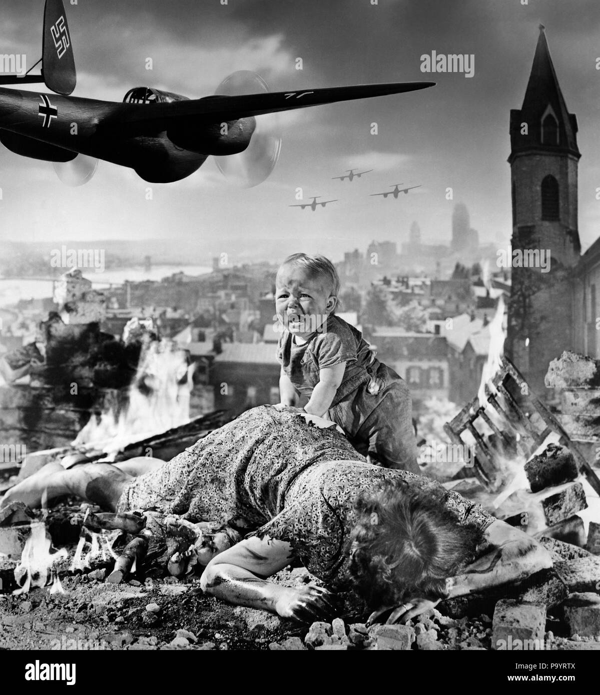 1940s WORLD WAR II BLITZKRIEG MONTAGE NAZI BOMBER PLANES FLYING OVER CITY RUBBLE CRYING BABY INJURED DEAD MOTHER - asp x11802 CAM001 HARS MONTAGE INFANT LIFESTYLE PLANES HISTORY FEMALES INJURED WW2 HOME LIFE COPY SPACE HALF-LENGTH PERSONS CRY II RISK DEAD TRANSPORTATION B&W SADNESS DISASTER VICTIM AIRPLANES DEATH DESTRUCTION COMPOSITE DYING EXCITEMENT WORLD WARS BOMBER CAM001 WORLD WAR WORLD WAR TWO BOMBING AVIATION BOMBS ORPHAN ORPHANS CONCEPTUAL ESCAPE NAZI VICTIMS JUVENILES MID-ADULT MID-ADULT WOMAN MOMS RUINS YOUNG ADULT WOMAN BLACK AND WHITE CAUCASIAN ETHNICITY OLD FASHIONED RUBBLE Stock Photo