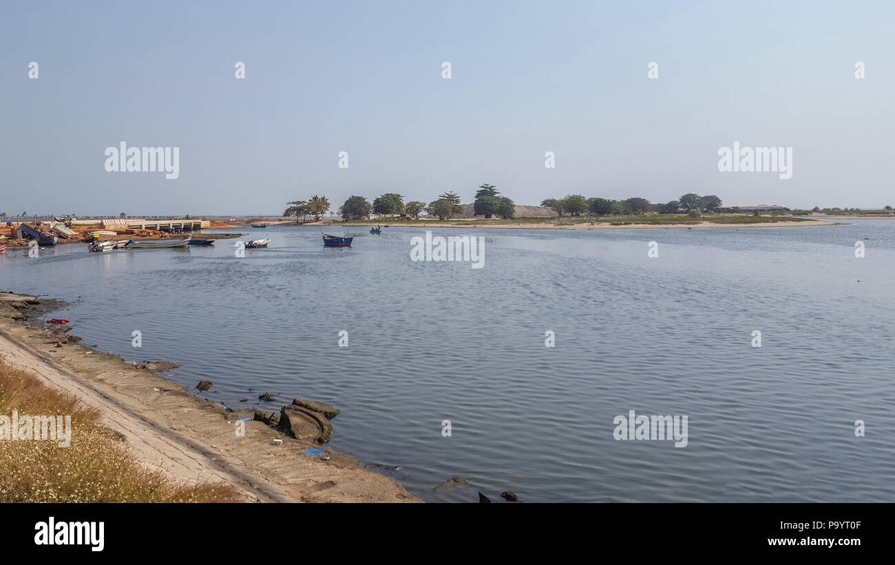 View of the bay of the new marginal in Luanda, with birds, island ...