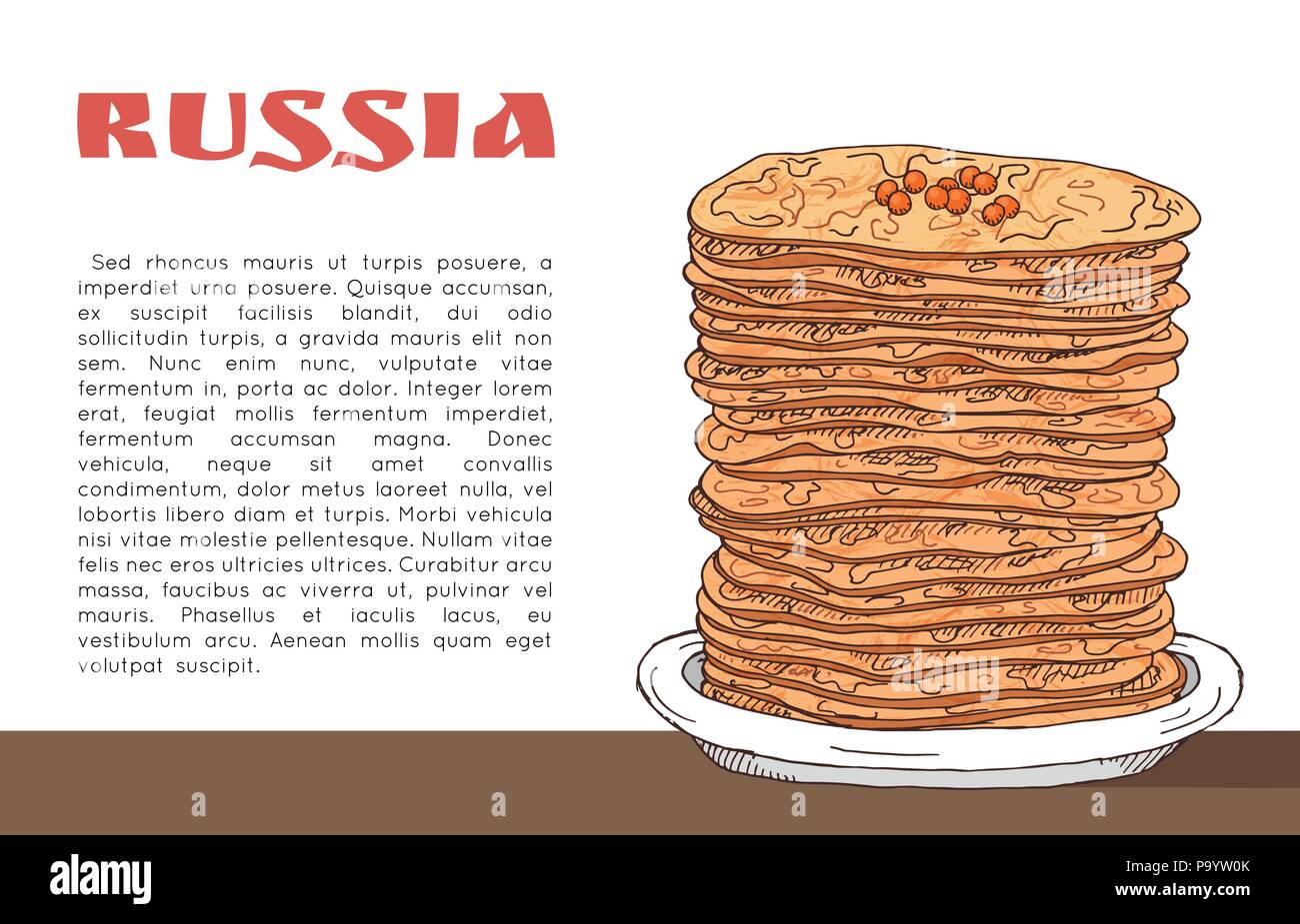 Banner with pancakes with red caviar on the table, inscription russia and place for text. Traditional russian food. Hand drawn doodle illustration Stock Vector