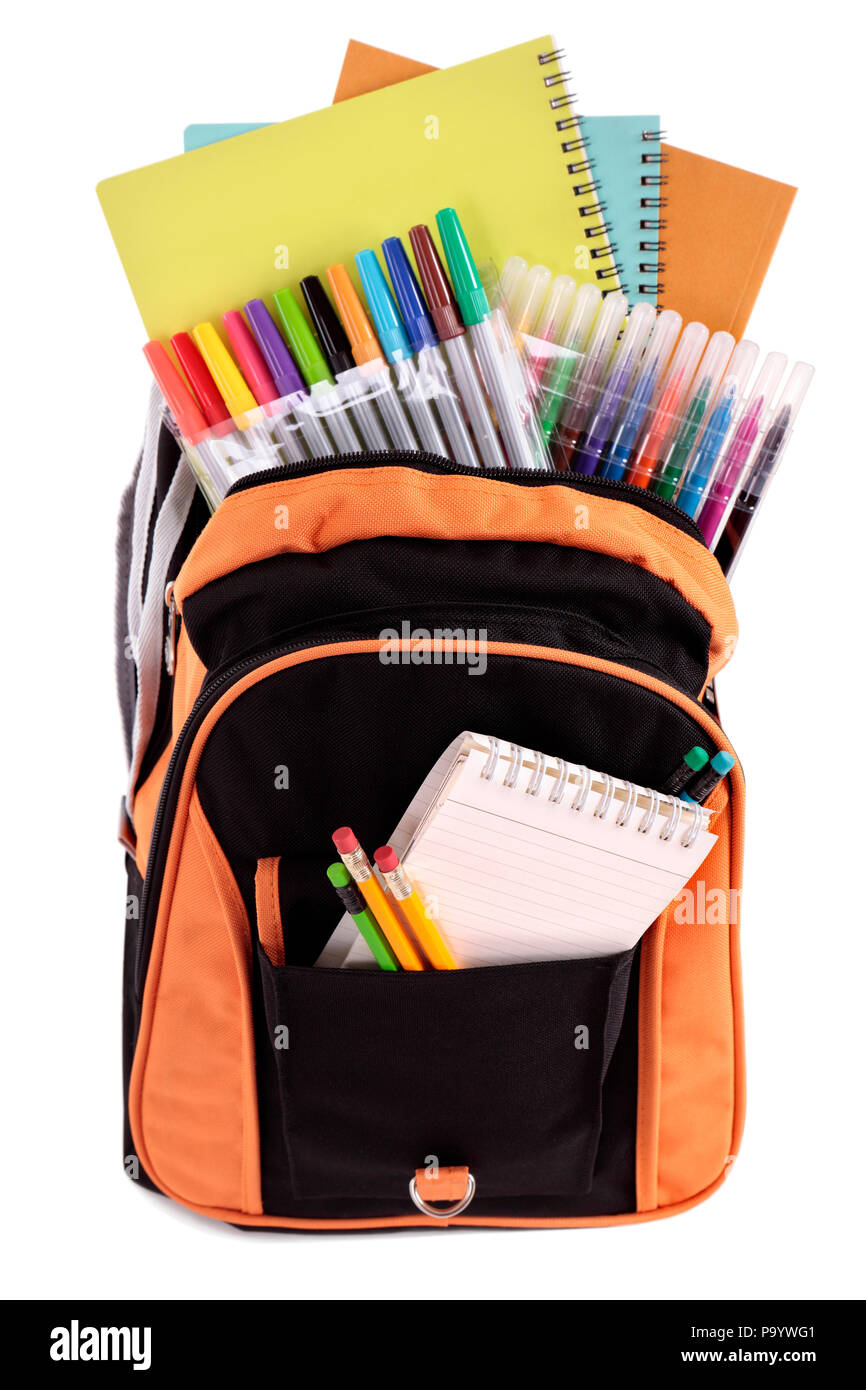 School bag with student supplies Stock Photo