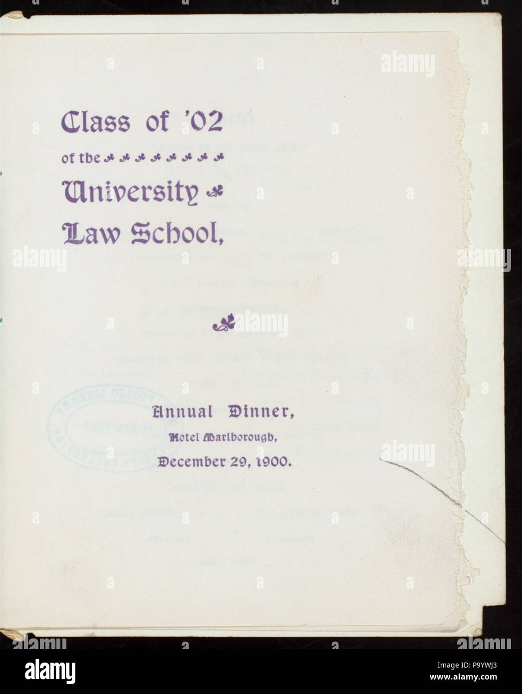 138 ANNUAl DINNER (held by) UNIVERSITY LAW SCHOOL - CLASS OF 'O2 (at) HOTEL MARLBOROUGH (HOTEL) (NYPL Hades-275290-4000011953) Stock Photo