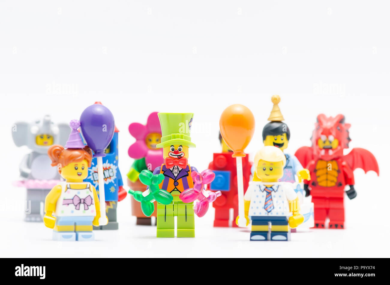 Lego collection series 18 party suit. Lego minifigures are manufactured by The Lego Group. Stock Photo