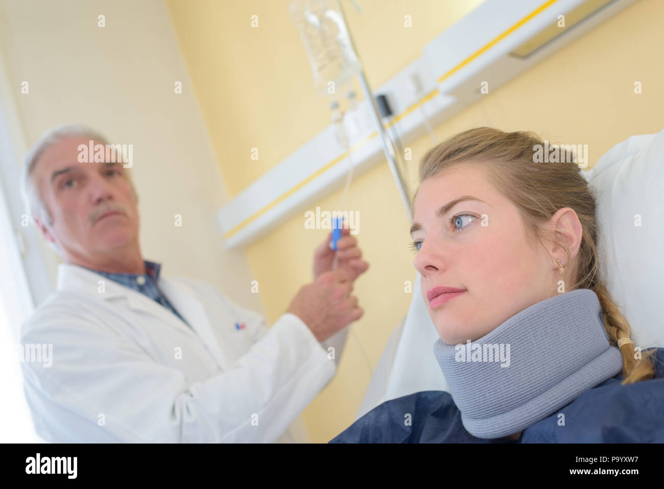 female patient with a cervical collar in clinic Stock Photo Alamy