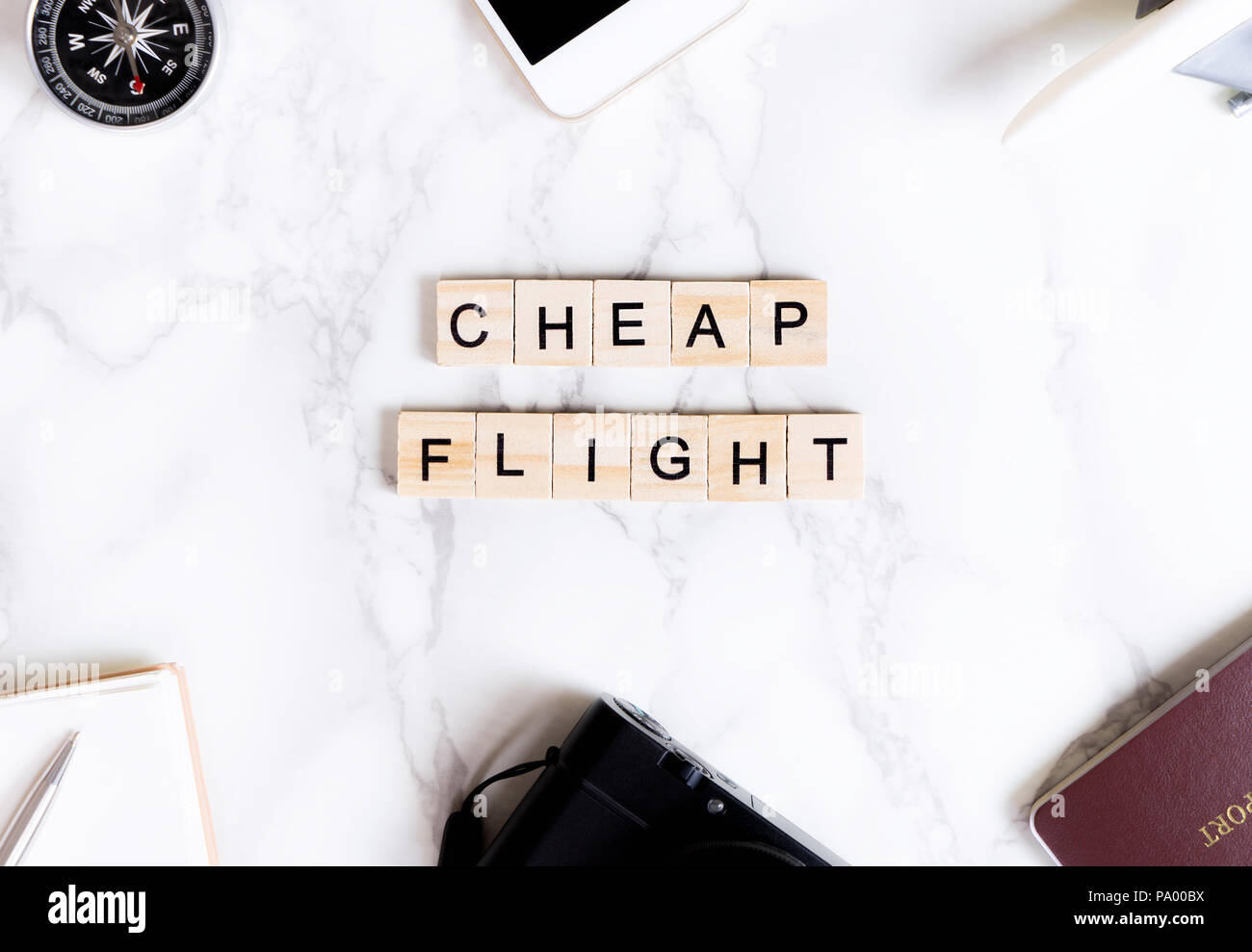 Cheap flight travel text poster for travel agency Stock Photo