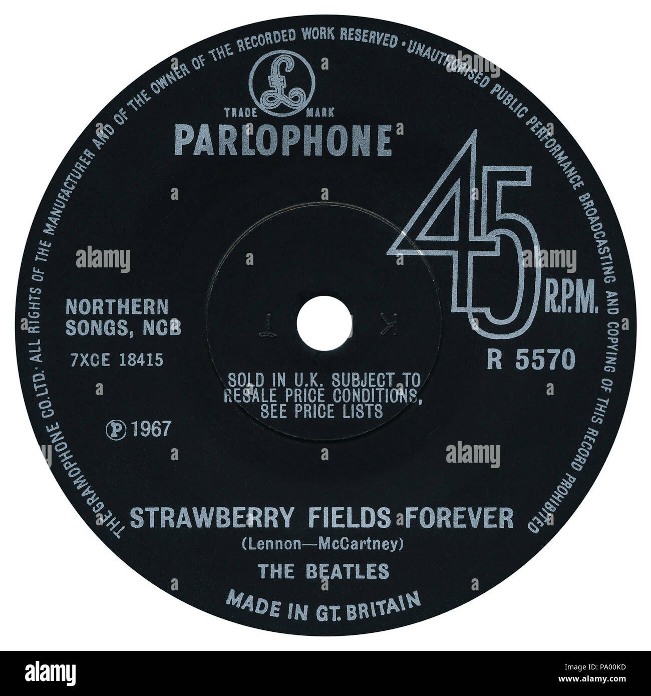 UK 45 rpm 7' single of Strawberry Fields Forever by The Beatles on the Parlophone label from 1967. Composed by John Lennon and Paul McCartney and produced by George Martin. Stock Photo