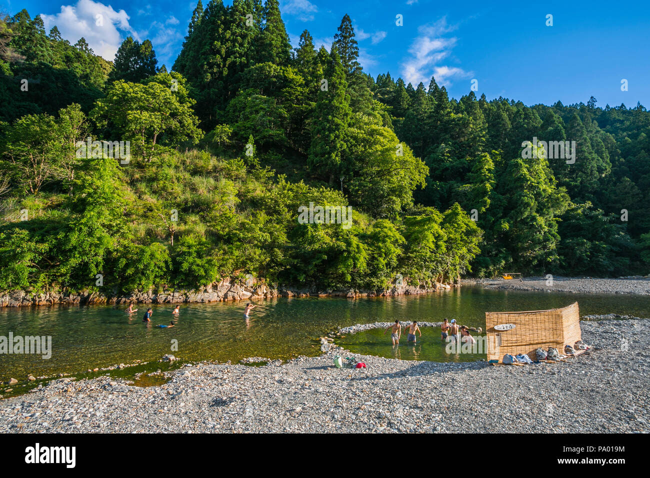 Kumano Kodo pilgrimage route. Kumano-gawa river boat tour. Traditional wooden flat bottom boat. . Wakayama Prefecture.Kansai region. Japan Stock Photo