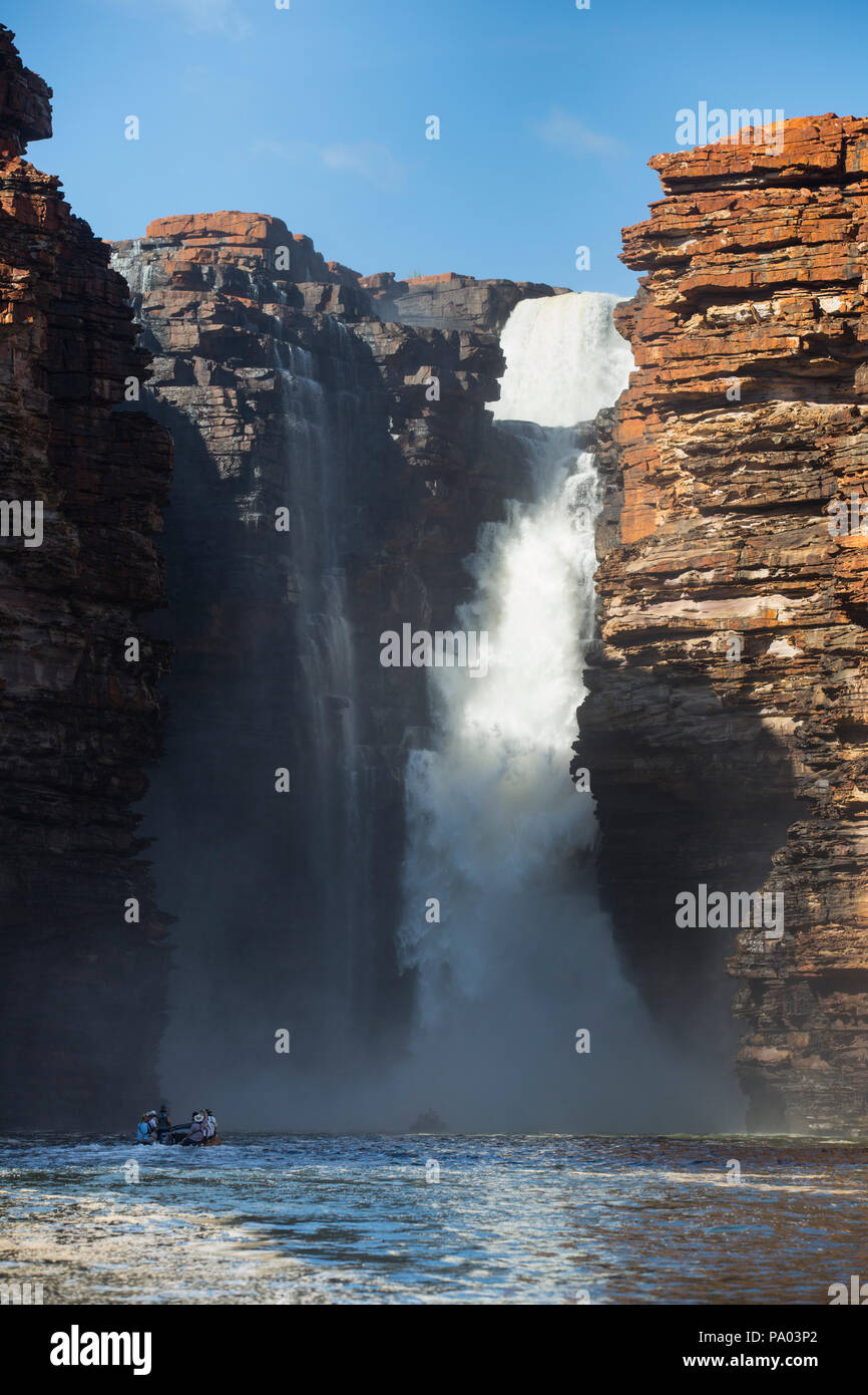 Zodiac with tourists in front of King George Falls, The Kimberley, Western Australia Stock Photo
