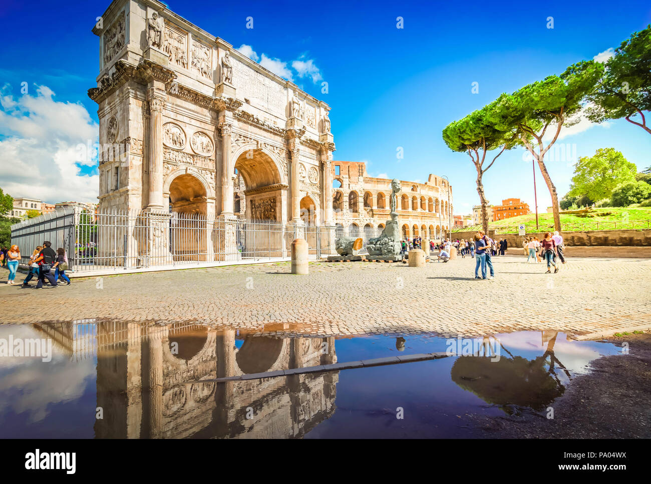 Arch of Constantine and Colosseum, antique Rome city, Italy, toned ...