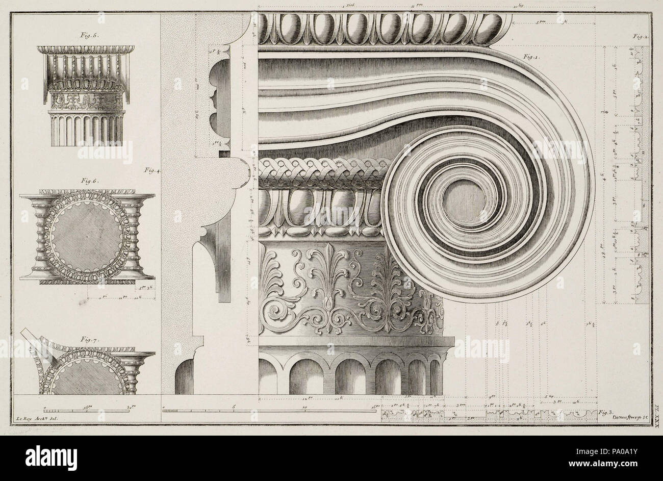 625 Erechtheion- 1 View of Ionic capital 2 and 3 Section plans of the helix of Ionic capital 4 Section plan of the capital 5 - Le Roy Julien David - 1770 Stock Photo