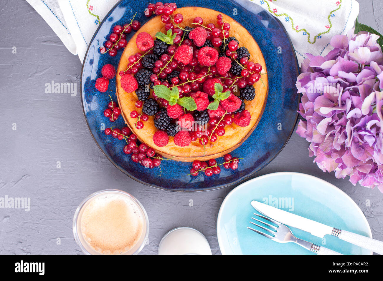 Homemade Pastries With Fruits And Flowers Hydrangea The Cake Is Decorated With Various Fresh Berries And Mint Summer Food Sweet Breakfast Copy Space Stock Photo Alamy