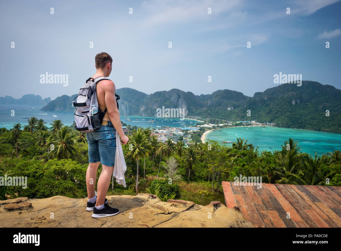 Tourist enjoys panoramic view over Koh Phi Phi Island in Thailand Stock Photo
