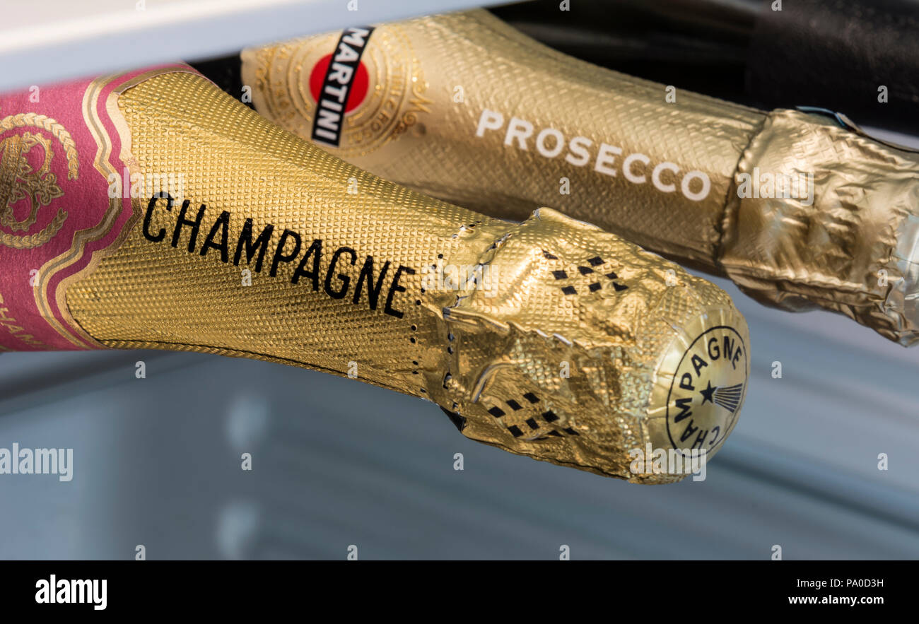 Champagne and Prosecco bottles stored horizontal in refrigerator chiller wine cabinet. French and Italian Sparkling Wine Bottle choices Stock Photo