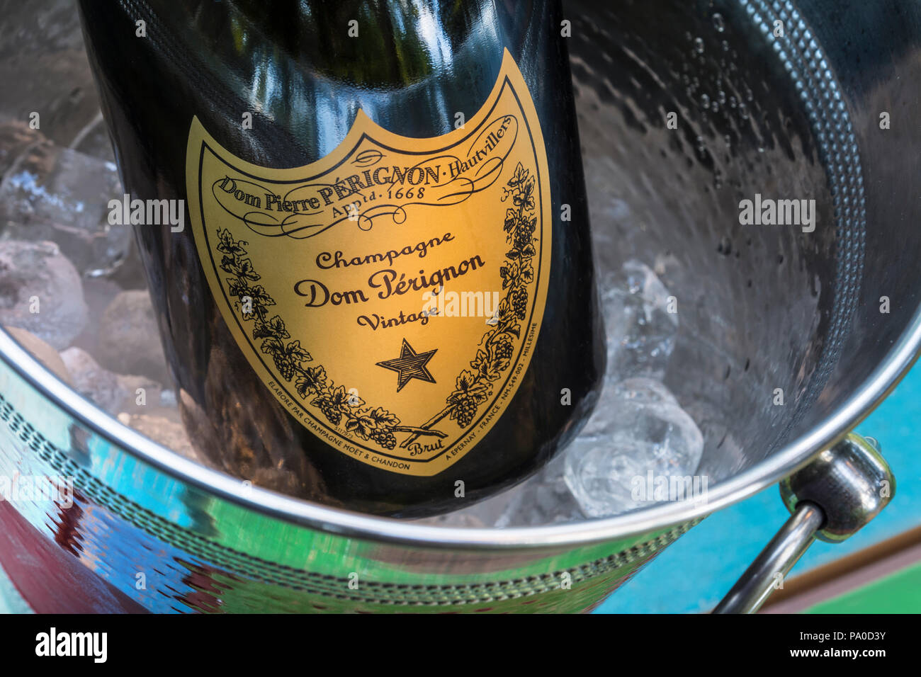 Dom Perignon close view on label in alfresco champagne ice bucket, luxury  vintage champagne in luxury fine outdoor lifestyle situation Stock Photo -  Alamy