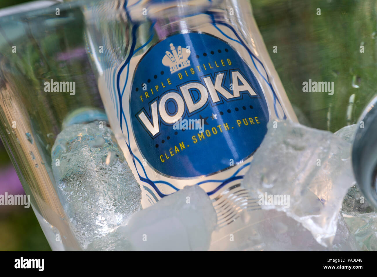 Vodka bottle on ice in crystal drinks cooler in late summer sun on alfresco  floral garden terrace table Stock Photo