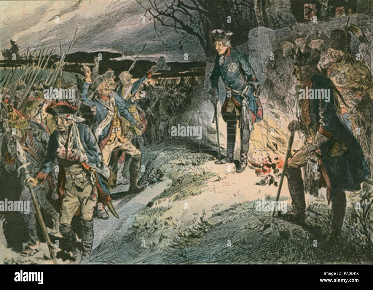 Frederick the Great (1712-1786) after defeat at the Battle of Hochkirch in 1758. Part of the Seven Years' War, the battle took place between Prussian and Austrian troops on 14 October 1758. Illustration from House of Hohenzollern in Pictures and Words by Carl Rohling and Richard Sternfeld. Published by Martin Oldenbourg in Berlin, c 1900. 673 Frederick the Great after the Battle of Hochkirch in 1758 by Carl Röchling Stock Photo