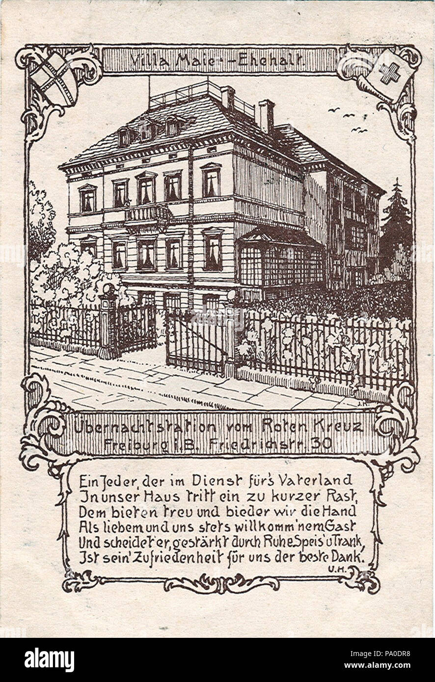 . English: Postcard, dated 31.5.1918. Title: 'Villa Maier - Ehehalt - Overnight station of the Red Cross Freiburg i.Br., Friedrichstr.30' Deutsch: Postkarte, datiert 31.5.1918. Titel: 'Villa Maier - Ehehalt - Übernachtstation vom Roten Kreuz Freiburg i.Br., Friedrichstr.30' . 2 October 2008 (upload date) 674 Freiburg - Villa Maier Stock Photo