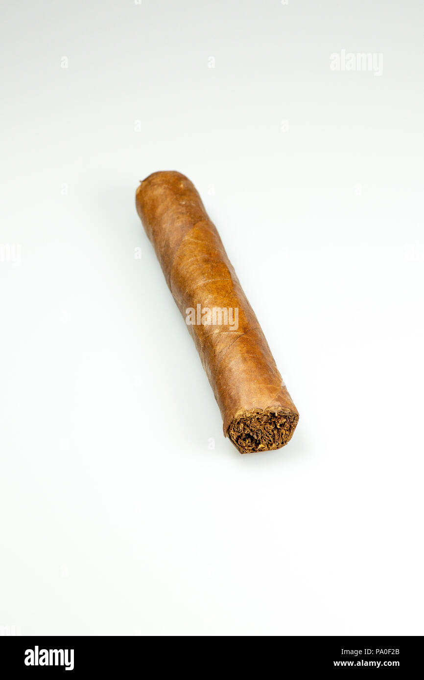 A brown cuban cigar freshly rolled on a table Stock Photo