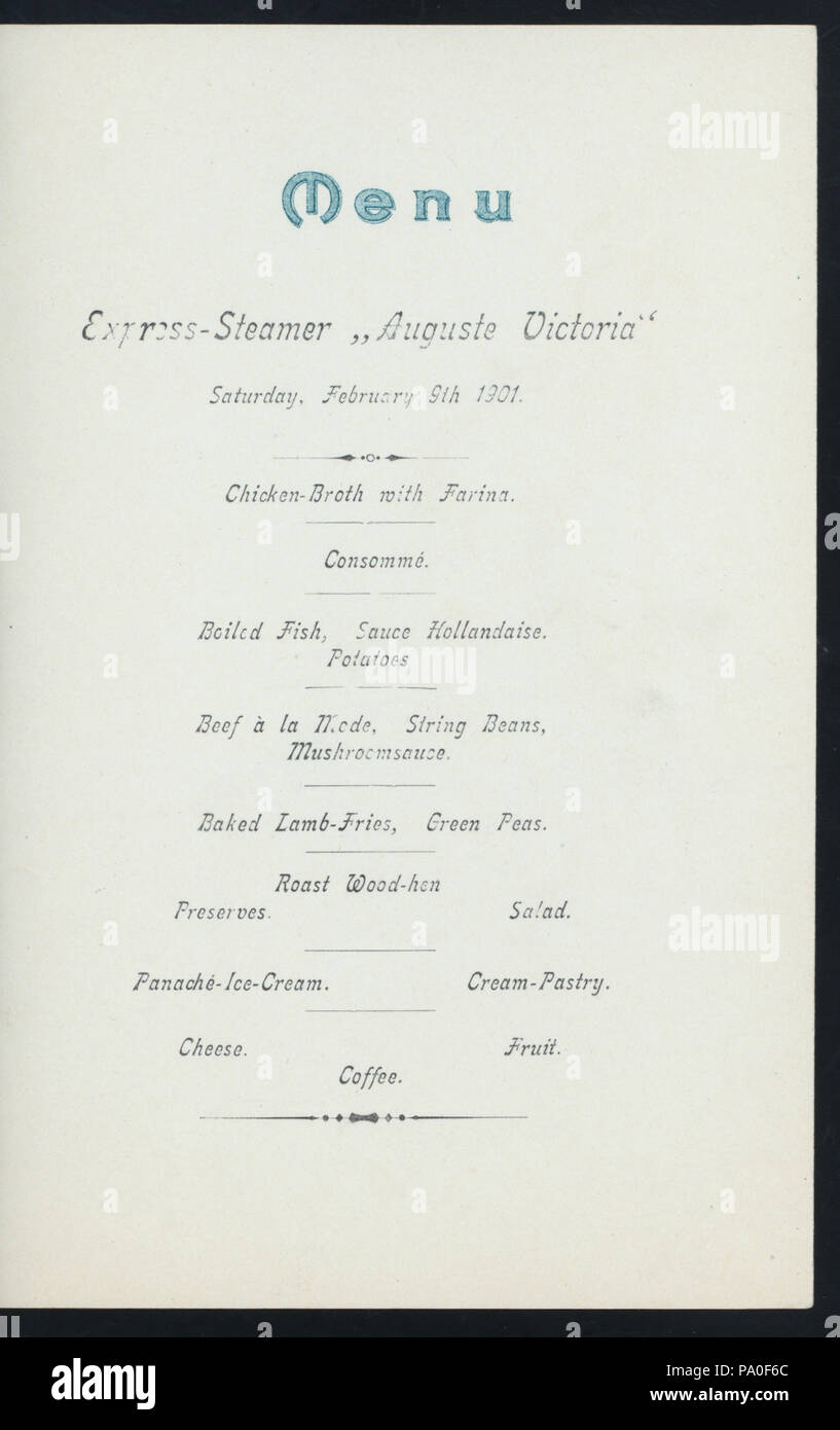 544 DINNER (held by) HAMBURG-AMERIKA LINIE (at) SS AUGUSTE VICTORIA (SS;) (NYPL Hades-275539-4000012378) Stock Photo