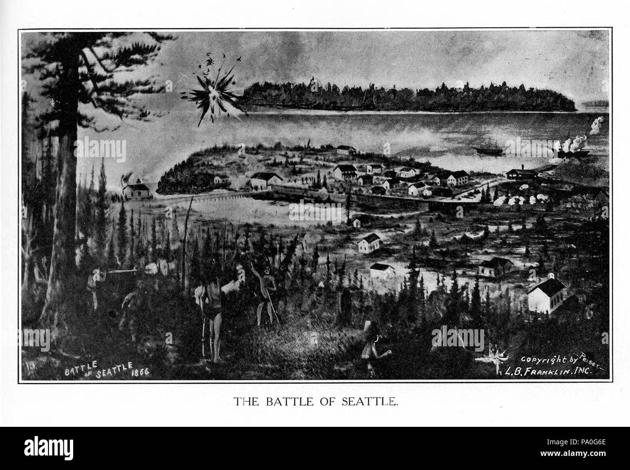 . From the materials for the Alaska-Yukon-Pacific Exposition of 1909, held in Seattle. A drawing of the Battle of Seattle. Despite the '1866' written on the drawing, this should be 1856. 1909 or earlier 697 General history, Alaska Yukon Pacific Exposition, fully illustrated - meet me in Seattle 1909 - Page 70 Stock Photo