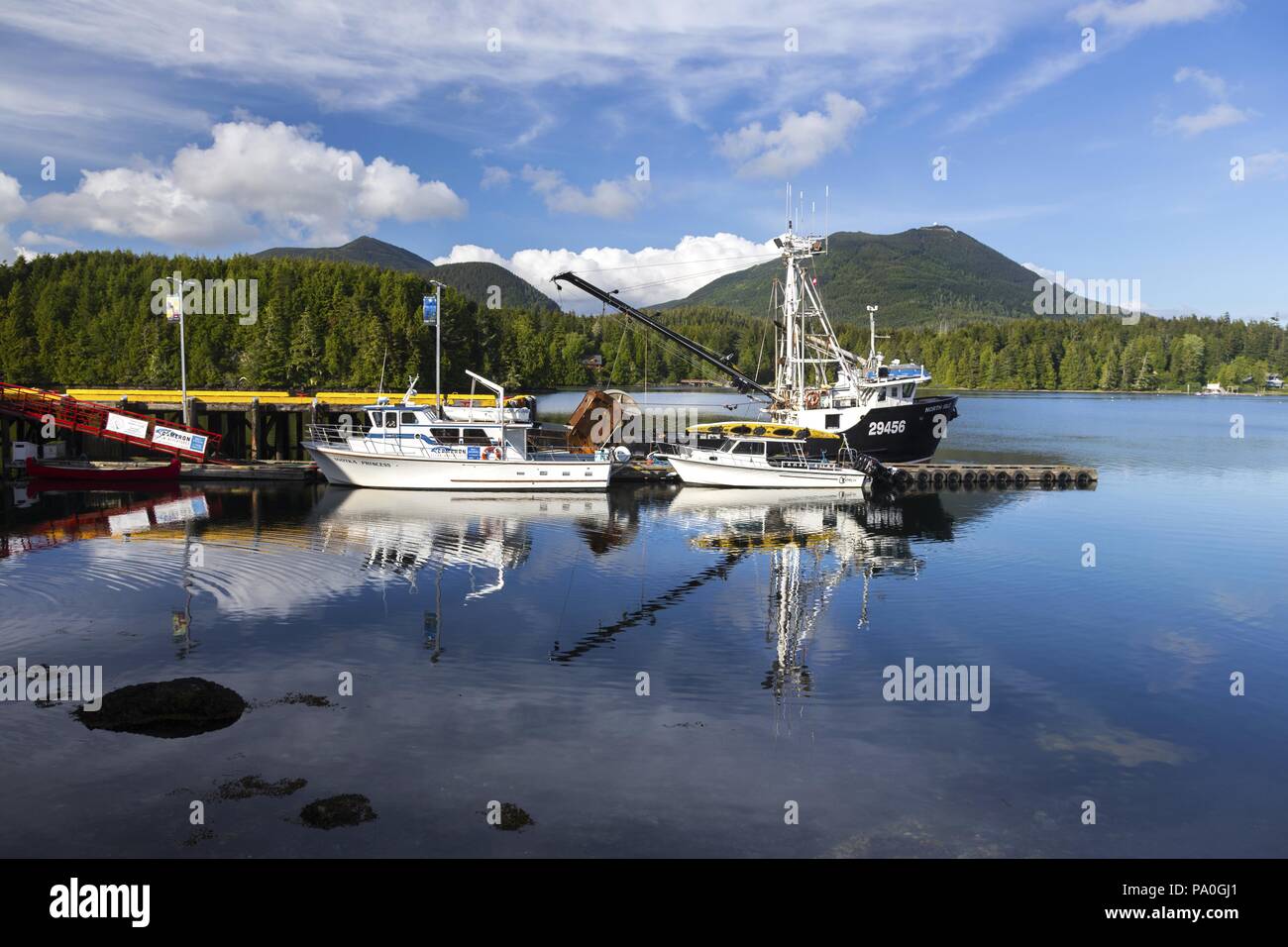 Fishing boats docked in Ucluelet Harbour near Pacific Rim National Park Reserve on Vancouver Island Stock Photo