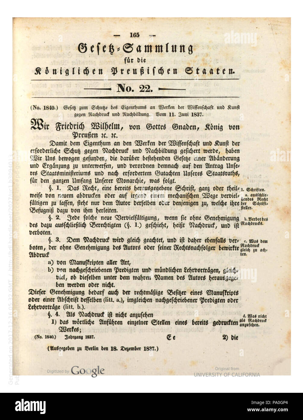 709 Gesetz zum Schutz des Eigenthums an Werken der Wissenschaft und Kunst gegen Nachdruck und Nachbildung vom 11. Juni 1837 Stock Photo