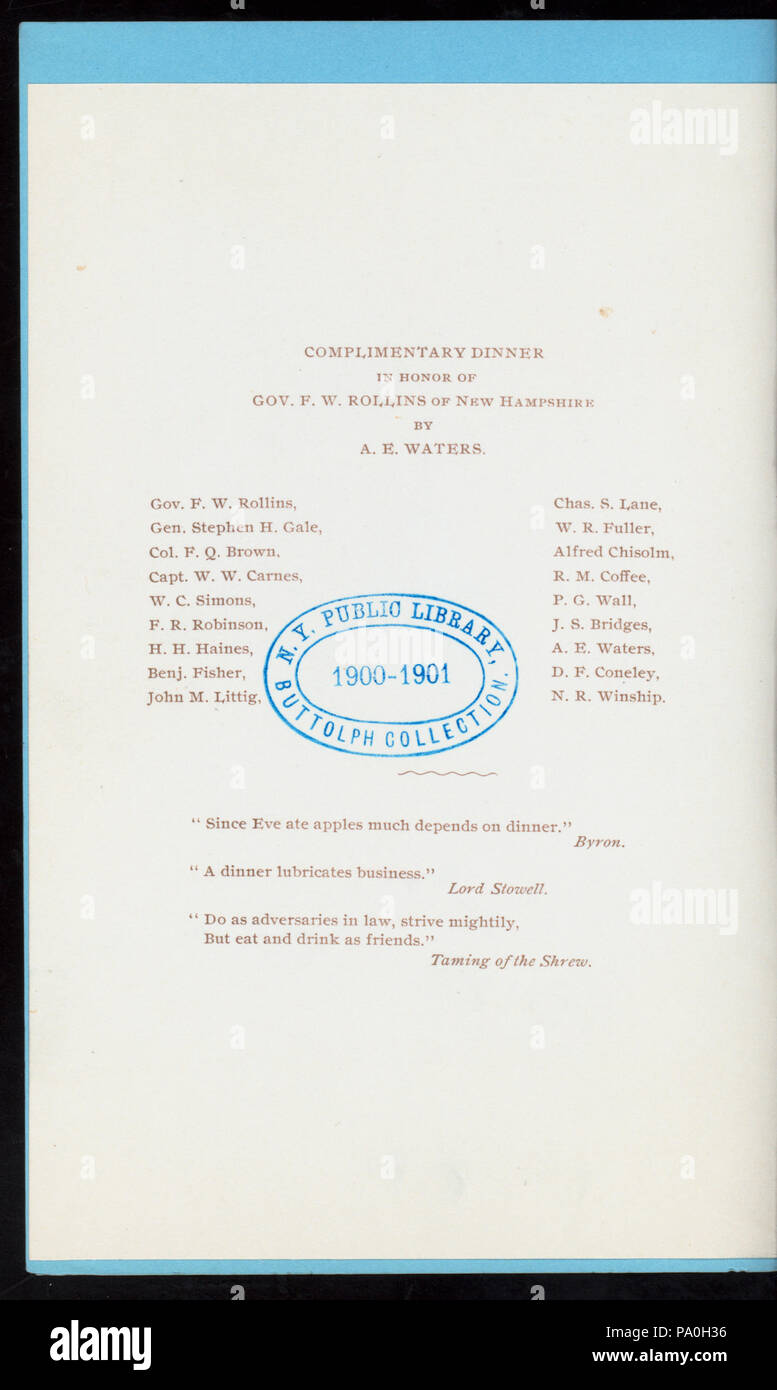 342 Complimentary Dinner In Honor Of Gov F W Rollins Of New Hampshire Held By A E Waters At Quot Tampa Bay Hotel Tampa Fl Quot Hotel Nypl Hades Stock Photo Alamy